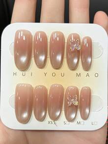 10Pcs Handmade Press On Nails, Long Almond, Nude Pink Cat Eye With 3D Butterfly Charm, Glossy Elegant Style, Reusable Full Cover Fake Nails For Women - Multicolor - View 1