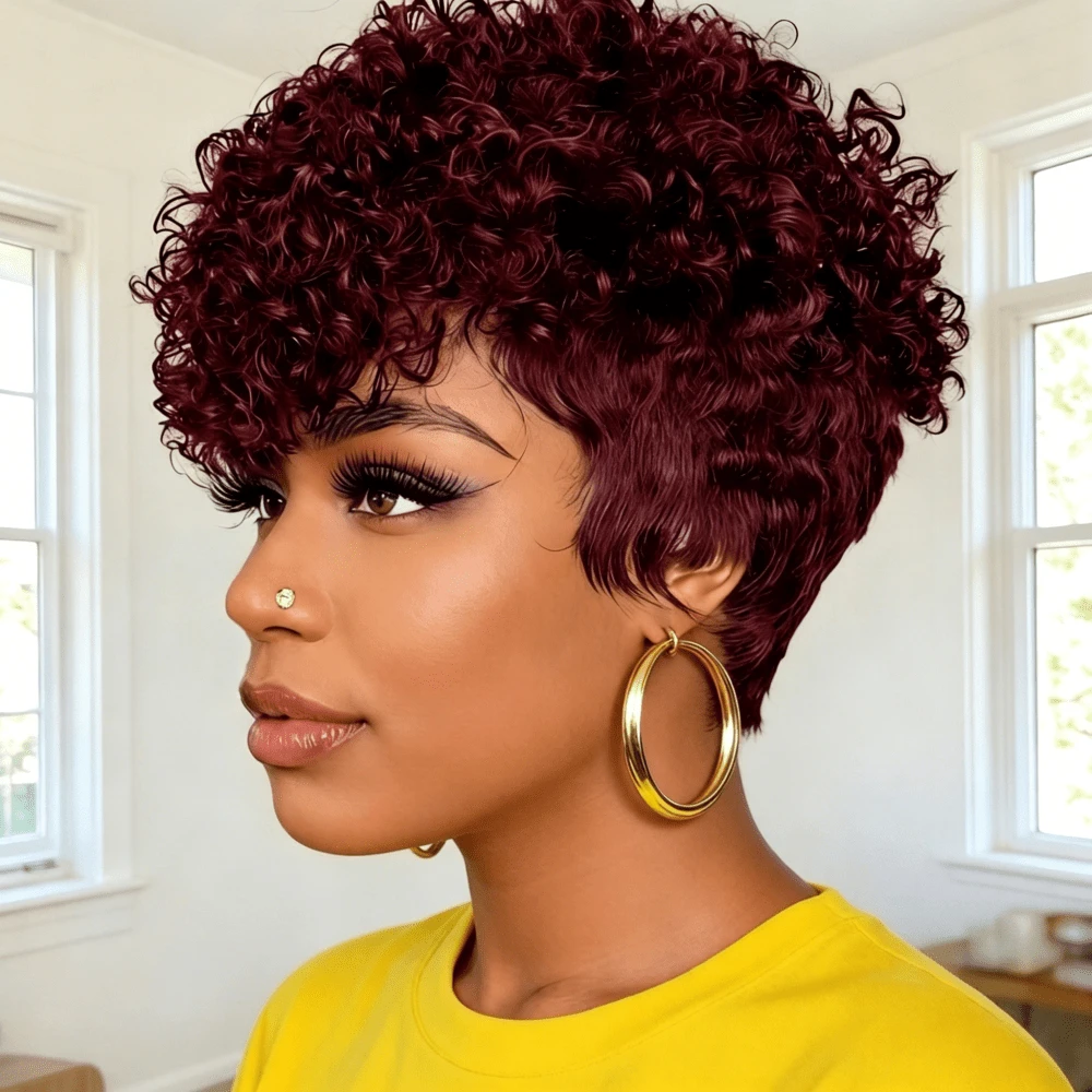 Women Elegant Curly Pixie Wig - Natural Curly Wave Human Hair Wig With Bangs,Full Machine Made, Short Pixie Cut For Everyday & Special Occasions - Multicolor - View 1