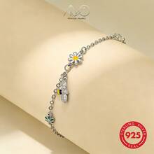 925 Silver Colorful Flower Bracelet For Women, Inlaid With Zirconia And Cute Bees, Lovely Jewelry Gift For Her, Summer - Gold - View 6