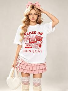 Camiseta de manga corta con cuello redondo suave y casual para mujer, con estampado gráfico de casete de Bon Jovi, perfecta para primavera y verano. - Blanco - Ver 1