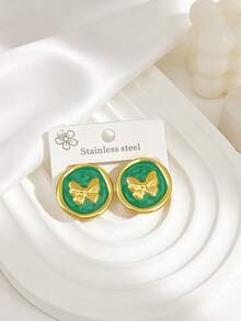 10 pièces/5 paires Boucles d'oreilles en acier inoxydable 304, élégantes et à la mode en forme de papillon, hypoallergéniques, faites d'émail durable, design rond, bijoux plaqués or pour femmes - Multicolore - Voir 5