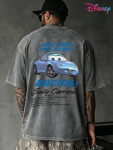 Disney IP Collaboration Cars Lightning McQueen Print Men's T-Shirt With Crew Neck And Short Sleeves, Relaxed Fit! Summer Clothing For Men, Cotton T-Shirt With Graphic Print, Suitable For Everyday Wear, Leisure And Sports. - 灰色 - 查看 2