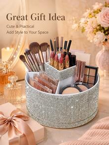 1pc Rhinestone Rotating Makeup Organizer Box, Large Capacity, Multicolor Rhinestone Encrusted Surface, Luxurious Sparkling Style, Hexagonal Pillar Shape, Neat Edges, Cosmetic Tool Container, Suitable For Bedroom Vanity, Dressing Room Desk - Multicolor - View 8