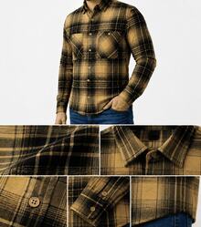 Men's Long-Sleeved Flannel Plaid Shirt - Gold - View 3