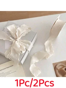 1Pc/2Pcs 2.5cm Pleated Flower Gift Cake Packaging And Decoration Ribbon, Ruched Wavy Satin Fabric Ribbon, Gift Wrapping Cord, Floral Binding Tie, Gift Decoration Tie - Apricot - View 2
