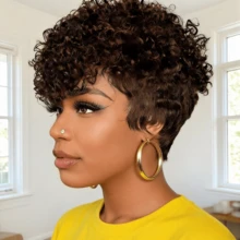 Women Elegant Curly Pixie Wig - Natural Curly Wave Human Hair Wig With Bangs,Full Machine Made, Short Pixie Cut For Everyday & Special Occasions - Multicolor - View 9