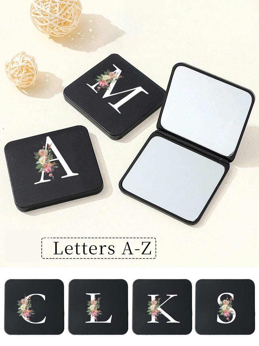 時尚黑色方形花卉字母 A-Z 印花雙面折疊化妝鏡，可愛化妝鏡，迷你化妝鏡，便攜化妝鏡，微型手鏡，化妝鏡，日常使用，旅行與派對，可愛有趣的精美小禮物，送給女性、媽媽、老師、朋友、伴娘的禮物，返校禮物，送給老師的禮物，適合男女、情侶，日常使用，約會，生日，節日，返校，夏季，度假，海灘，旅行，通勤