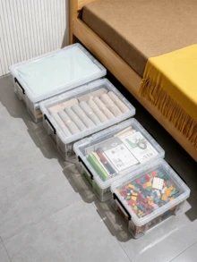 35L Large Capacity Underbed Storage Box, Optional Transparent / Grey Transparent Style, With Wheels And Clips, Fits Narrow Spaces, Dustproof And Moisture-Proof, Organized And Space-Saving - Multicolor - View 2