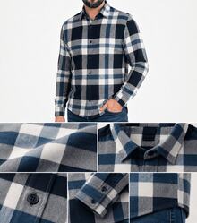 Men's Long-Sleeved Flannel Plaid Shirt - Navy Blue - View 3