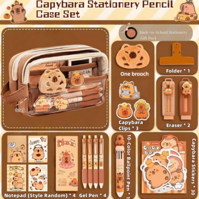 Capybara‑Print Pen Bag, Large‑Capacity Transparent Stationery Pouch With Handle, Multifunctional Pencil Case In Maillard‑Inspired Tones