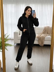 Women's Winter Fleece Set: Zip-Up Hoodie And Comfortable Jogger Pants For Airport Travel - Black - View 3