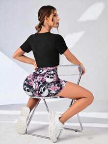 1 pièce Pantalon de fitness pour femmes avec imprimé floral & graphique de crâne, convient pour l'entraînement, le cyclisme, le port quotidien et les sports - Noir Rose - Voir 3