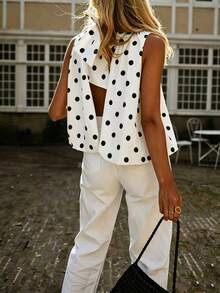 Nueva blusa tipo tank para mujer con lazo, de tela tejida, sin espalda, sin mangas, con estampado de lunares, estilo casual para primavera y verano, color blanco, estilo chica francesa - Blanco - Ver 9