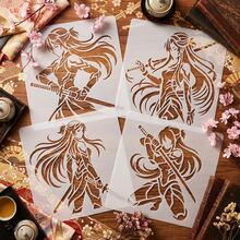 4pcs Warrior Girl Stencil, Anime Female Samurai Art Templates Reusable For Artistic Hobbyists, Aesthetic Manga Swordswoman Drawing Stencil For Paper Crafts & Scrapbooking, Durable Asian Heroine Pattern Stencil For Fabric And Home Decor - Manga Swordswoma - View 1