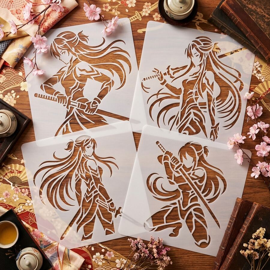 4pcs Warrior Girl Stencil, Anime Female Samurai Art Templates Reusable For Artistic Hobbyists, Aesthetic Manga Swordswoman Drawing Stencil For Paper Crafts & Scrapbooking, Durable Asian Heroine Pattern Stencil For Fabric And Home Decor - Manga Swordswoma - View 1