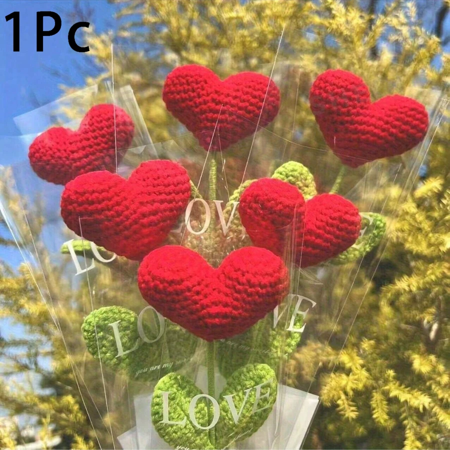 1Pc Handmade Crochet Heart Bouquet - Yarn Handmade Heart Flower With Green Stem, Perfect For Valentine's Day, Mother's Day, Graduation, Thanksgiving, Birthday Gift And Special Occasion Gift - Home Decor