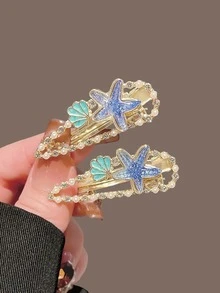1PC Alloy Starfish Shell Rhinestone Pearl Hair Clip Women Ocean Bang Side Clip Beach Daily Hair Accessory - Blue - View 8
