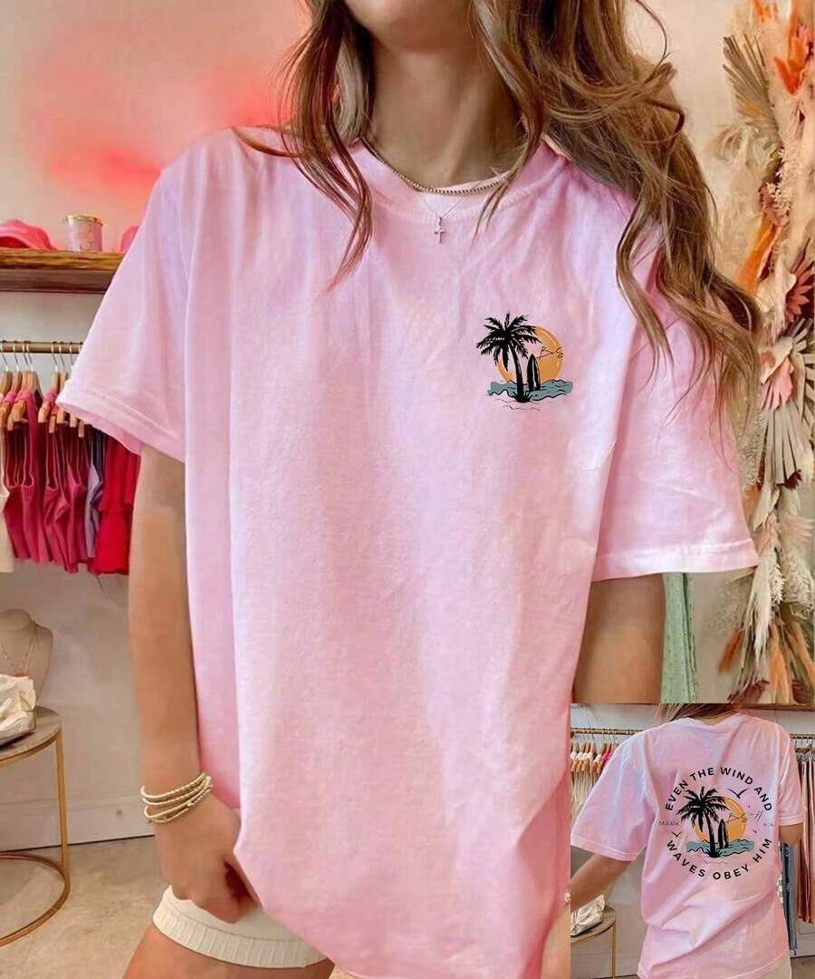 Women's Y2k Coconut Tree Graphic Oversized T Shirts Tops - Women's T-Shirts - Vacation Outfits Women - 2026 New Summer Tops - 粉紅色1 - 查看 1