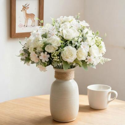 1pc Artificial Flowers Fake Flower Bouquet Small Roses Suitable For Wedding Home Office Table Vase Filler Arrangement Shower Decoration