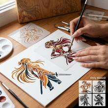 4pcs Warrior Girl Stencil, Anime Female Samurai Art Templates Reusable For Artistic Hobbyists, Aesthetic Manga Swordswoman Drawing Stencil For Paper Crafts & Scrapbooking, Durable Asian Heroine Pattern Stencil For Fabric And Home Decor - Manga Swordswoma - View 5
