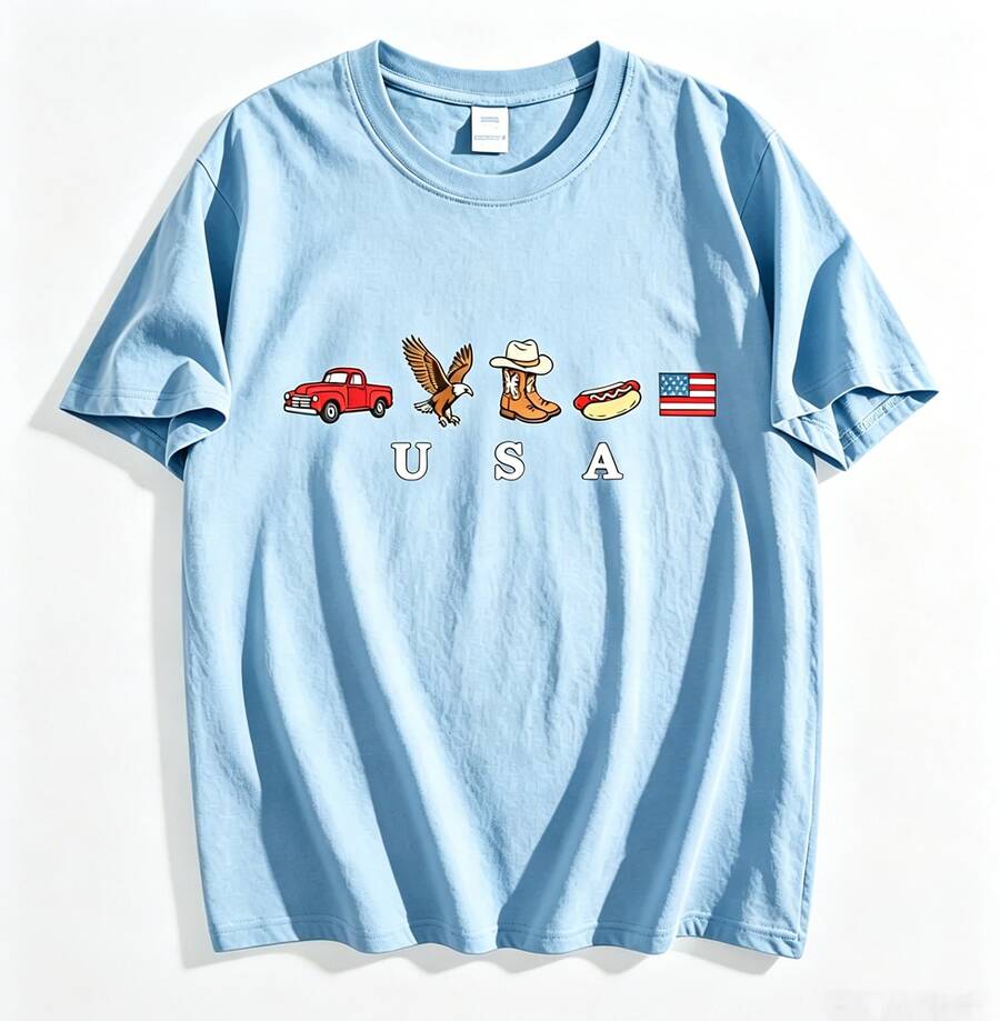 USA Icons T Shirt,American Flag T-Shirt,4th Of July Graphic Tee,Country Clothing,Western Outfits,Independence Day 250th America Anniversary Tee 2 - 淺藍色 - 查看 1
