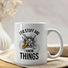 Taza de cerámica con diseño "Arreglo cosas y sé cosas", con engranajes y herramientas para manitas. Taza de regalo de cumpleaños asequible. Apta para lavavajillas. - Blanco - Ver 6