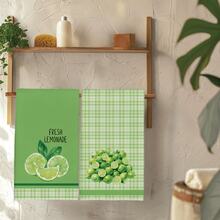 2Pcs Green Watercolor Lemon Print Kitchen Towels Soft Microfiber Dish Hand Cleaning Cloths Cute Fruit Themed Decorative Towels For Kitchen Cooking Baking Housewarming Gift - Green - View 2