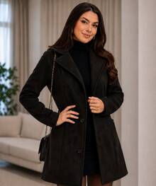 Elegant Women's Black Thigh-Length Overcoat With Double-Breasted Buttons, Fitted Waist, And Warm Lining, Perfect For Fall & Winter - Hitam - View 1