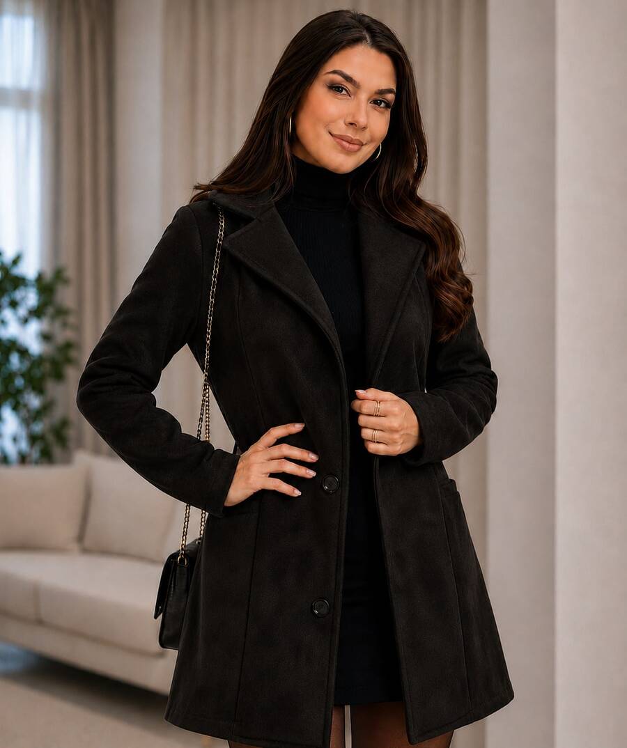 Elegant Women's Black Thigh-Length Overcoat With Double-Breasted Buttons, Fitted Waist, And Warm Lining, Perfect For Fall & Winter - Hitam - View 1