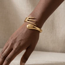1 pieza Brazalete de puño abierto con diseño de resorte de metal pesado, geométrico audaz y exagerado, elegante y exquisito, de moda para mujeres - Dorado - Ver 3