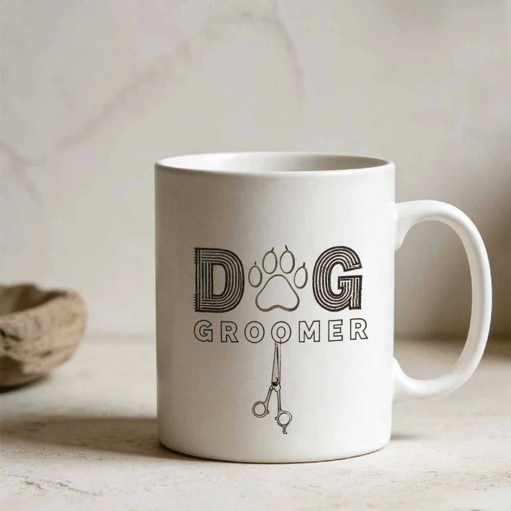 Taza de cerámica con estampado de peluquero canino, estilo salón de mascotas profesional, diseño minimalista y estético, ideal para uso diario en la oficina. Idea de regalo de cumpleaños asequible. - Blanco - Ver 1