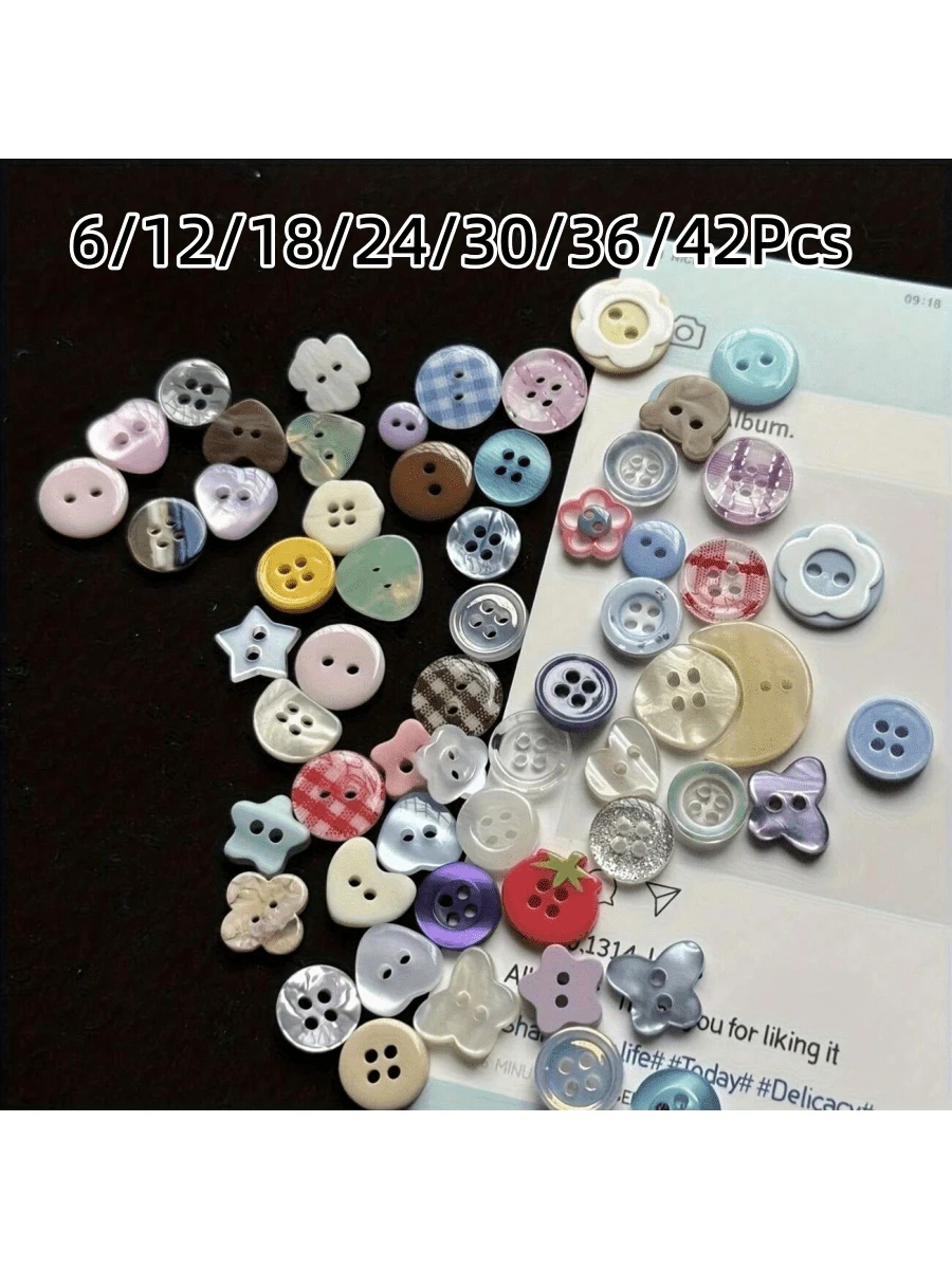 6/12/18/24/30/36/42颗高光泽彩色树脂纽扣，可爱清新DIY手工饰品装饰配件，适用于服装设计、毛衣、帽子和工艺品制作。