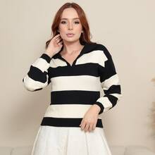 Women's Striped Modal Knit Polo Shirt With Long Sleeves - Black - View 1
