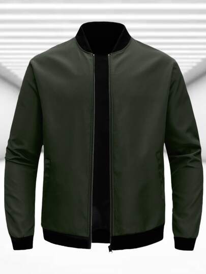 Outdoor Sports Casual Stand Collar Baseball Jacket Solid Color Zipper Jacket