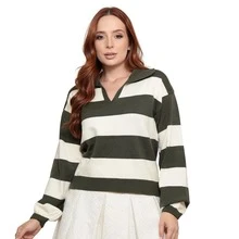 Women's Striped Modal Knit Polo Shirt With Long Sleeves - Army Green - View 3