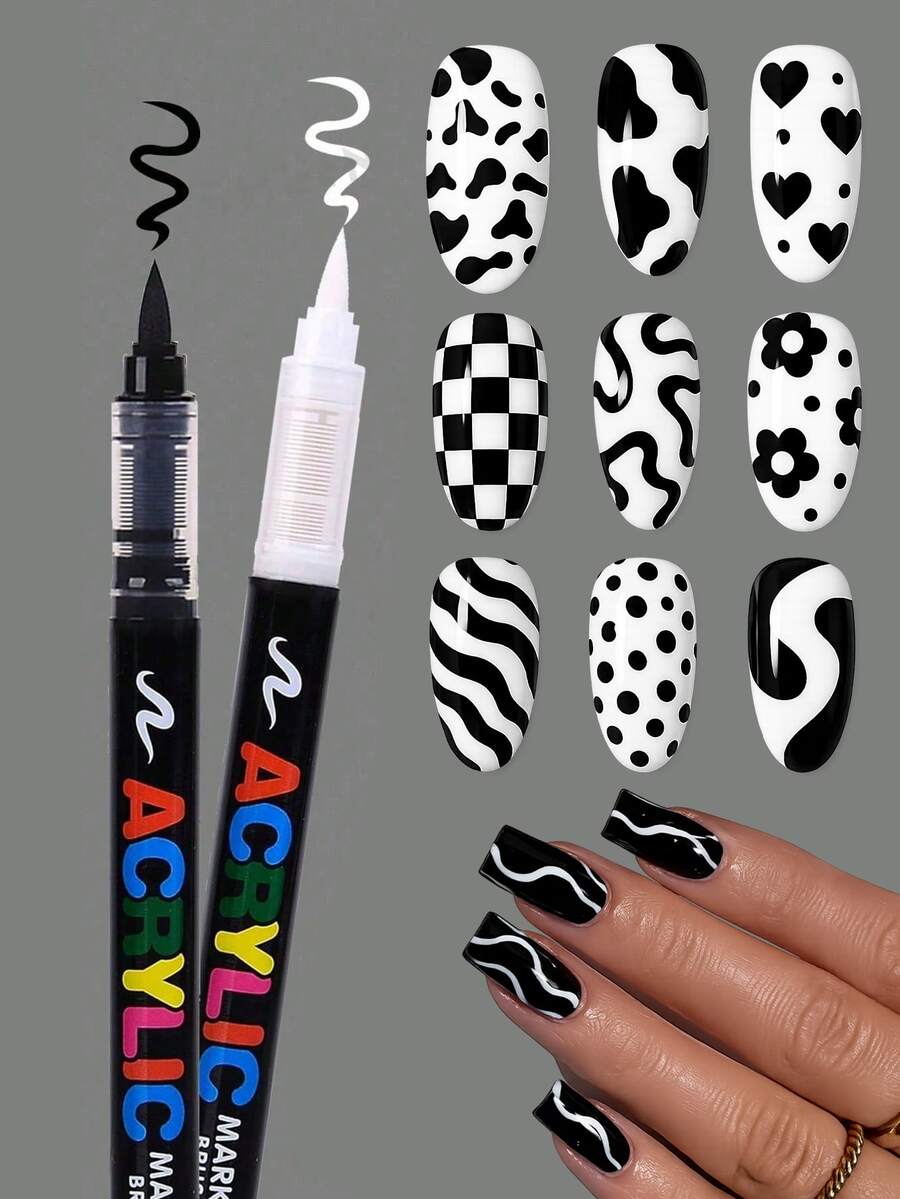 2pcs Black & White Nail Art Graffiti Pens, Nail Art Markers, Fine Line Abstract Pattern Drawing Pens, Nail Art Supplies, Waterproof Painting Dotting Pens, DIY Nail Art Graffiti Dotting Tools