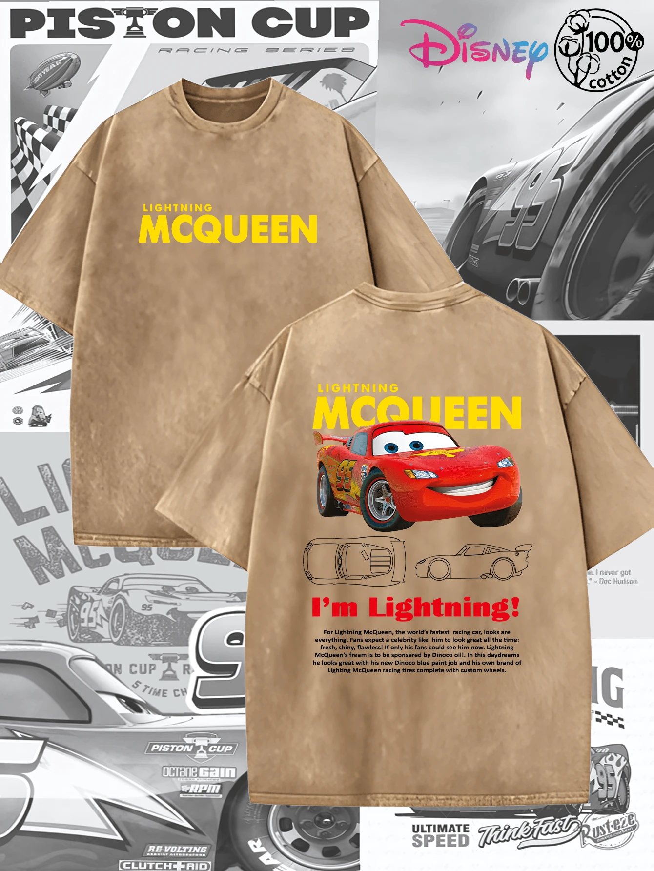 Disney IP Collaboration Cars Lightning McQueen Print Men's T-Shirt With Crew Neck And Short Sleeves, Relaxed Fit! Summer Clothing For Men, Cotton T-Shirt With Graphic Print, Suitable For Everyday Wear, Leisure And Sports. - 咖啡棕 - 查看 1