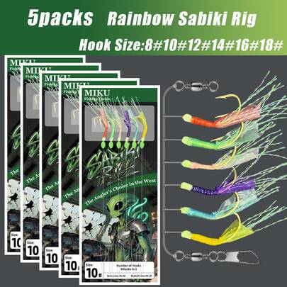 5 paquets de rigs Sabiki arc-en-ciel, 6 couleurs d'hameçons en acier haute teneur en carbone avec perles fluorescentes, accessoires de pêche en eau salée efficaces (convient pour le maquereau/la sardine/le bar/le thon)