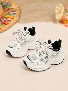 1 Pair White Mesh Breathable Chunky Sneakers For Young Students, Black Patchwork Fabric, Thick Sole Height Increasing Casual Sports Shoes, Non-Slip Lace-Up & Hook-And-Loop Closure, Suitable For Daily Casual, Outdoor Training, Travel, Vacation, Home, Party, New Arrival For Summer And Autumn - Black and White - View 5