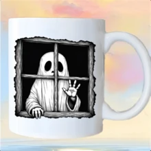Taza de cerámica con diseño de fantasma asomándose por la ventana, estilo artístico único para escritorio o como regalo de cumpleaños asequible. Taza para amantes del té. - Blanco - Ver 1