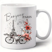 Taza de café de cerámica con estampado floral y bicicleta de la Torre Eiffel de París. Taza minimalista y estética. Regalo de cumpleaños asequible. Apta para lavavajillas. - Blanco - Ver 6
