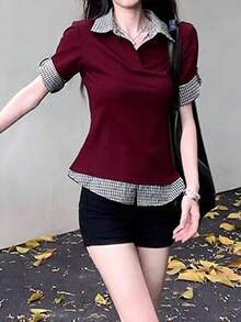 學院風女款短袖夏季拼色格紋 2 合 1 修身 T 恤，甜辣風休閒上衣 - 酒紅色 - 查看 3