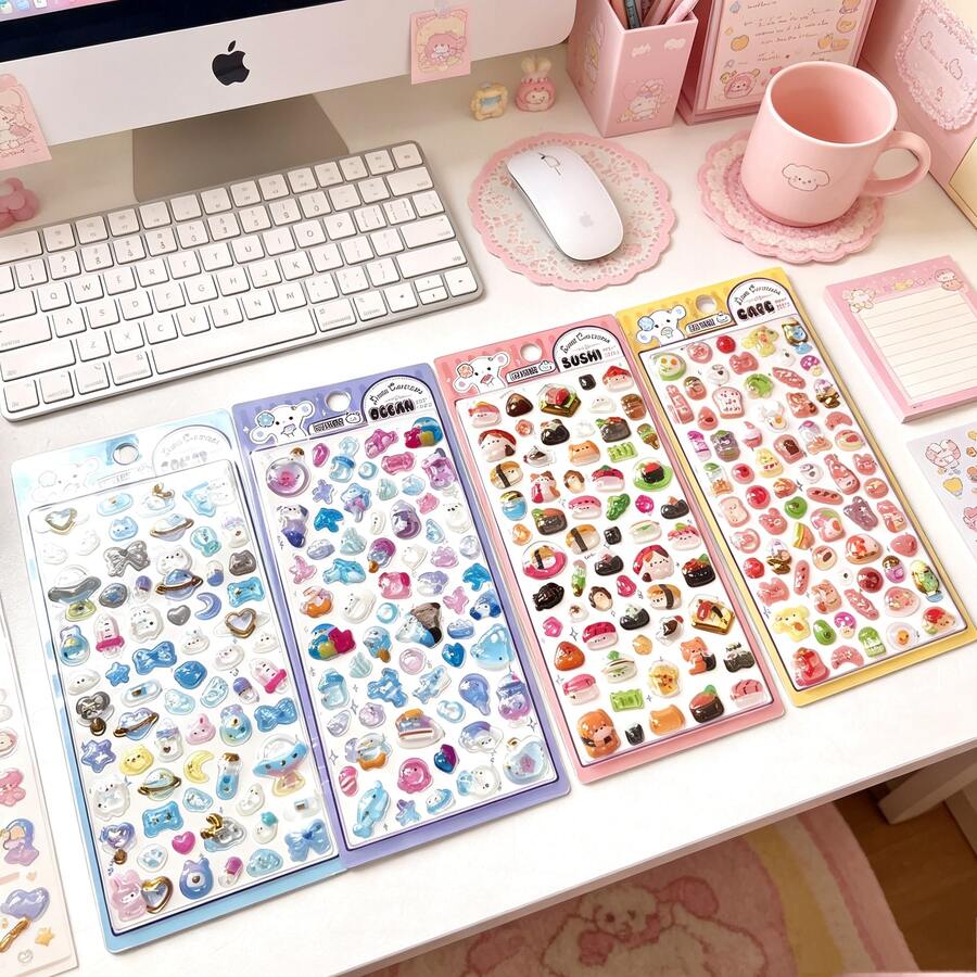 Pegatinas de Sello 3D con Expresión de Dibujos Animados Divertidos, Calcomanías de Textura de Cristal Colorido para Diario, Decoración DIY de Papelería, Pegatinas de Recompensa de Marca Diaria - Multicolor - Ver 1