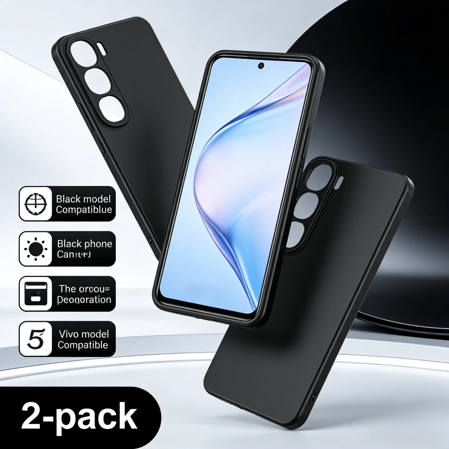 2 buah Casing Ponsel Bentuk Jelly Hitam, Cocok Untuk V76. Casing Ponsel, Pelindung Ponsel Sederhana, Casing Pelindung Modis, Casing Ponsel Warna Solid, Casing Ponsel Hitam, Casing Ponsel Anti Jatuh - Hitam - View 1