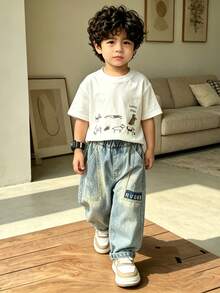 Young Boy Loose Comfortable Straight Leg Pocket Denim Pants Suitable For Daily School Wear - Baby Blue - View 7