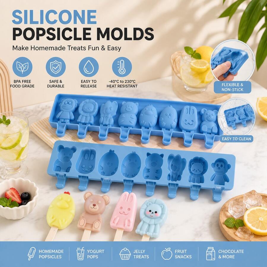 1個可愛動物矽膠棒冰模具 8格,可重複使用冰棒製作器,易脫模冷凍優格與水果冰淇淋模具,適合夏季DIY甜點 - 彩色 - 查看 1