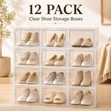 12 Pack Clear Plastic Stackable Shoe Storage Boxes, Large Shoe Organizer For Closet & Entryway, Space Saving Foldable Sneaker Containers With Transparent Display, Fit US Size 12+ Shoes, Sturdy Shoe Rack Alternative - White - View 9
