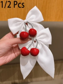 1/2pcs Women Girls Cherry Hair Accessories, Cute Red Cherry White Ribbon Bow Hair Clips, Sweet French Elegant Hair Accessories, Summer Vacation Travel Hair Accessories - White - View 1