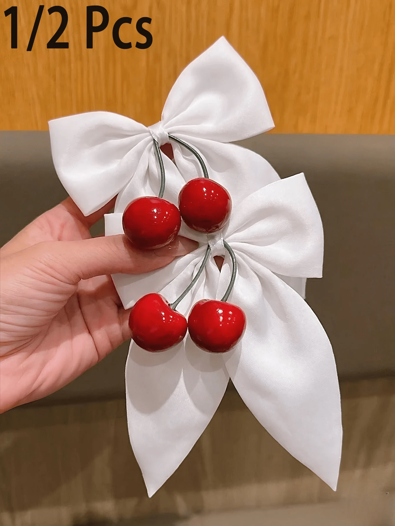 1/2pcs Women Girls Cherry Hair Accessories, Cute Red Cherry White Ribbon Bow Hair Clips, Sweet French Elegant Hair Accessories, Summer Vacation Travel Hair Accessories - White - View 1