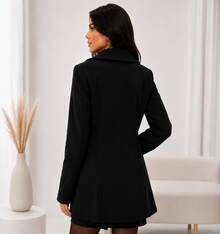 Elegant Women's Black Thigh-Length Overcoat With Double-Breasted Buttons, Fitted Waist, And Warm Lining, Perfect For Fall & Winter - Hitam - View 4